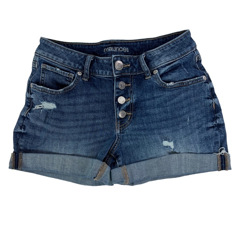MAURICES Women’s Blue Jean Shorts Sz 4 Button Fly Distressed/Destroyed Stretch